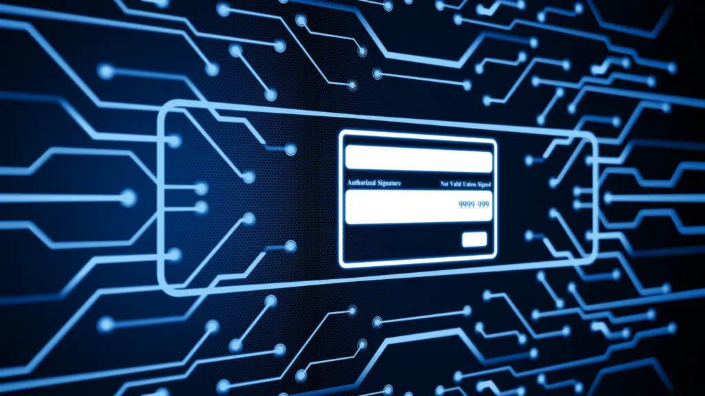 Futuristic picture of a credit card and many wires leading to it and away from it.